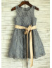 Gray Lace Flower Girl Dress With Champagne Sash Gray Lace Flower Girl Dress With Champagne Sash